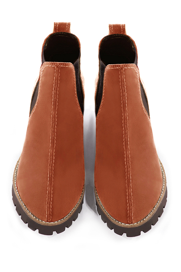 Terracotta orange and chocolate brown women's ankle boots, with elastics. Round toe. Low rubber soles. Top view - Florence KOOIJMAN